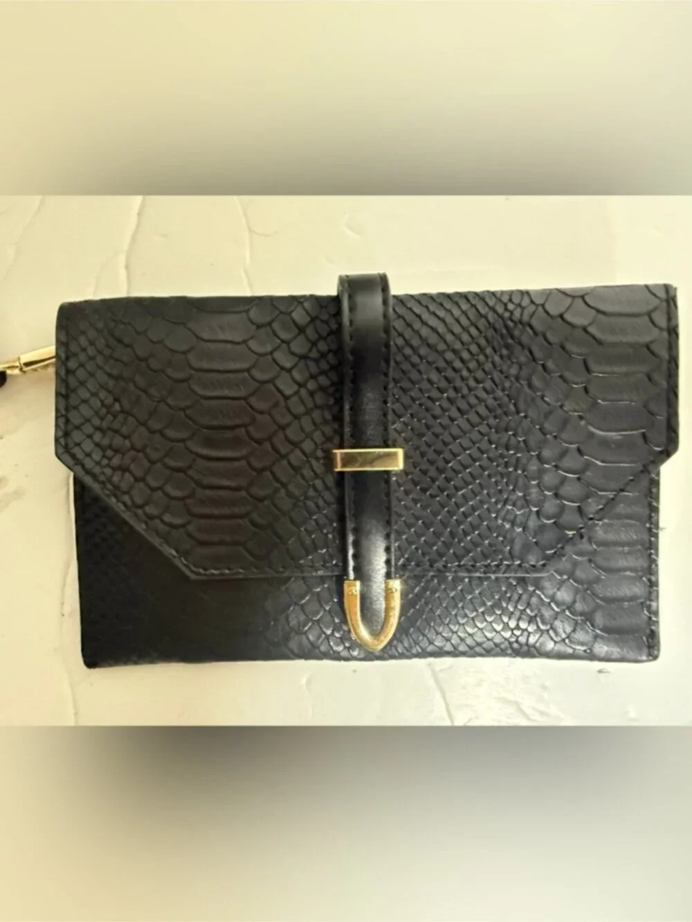 Nygaard Black Snakeskin Embossed Wallet Wristlet Clutch Gold Hardware